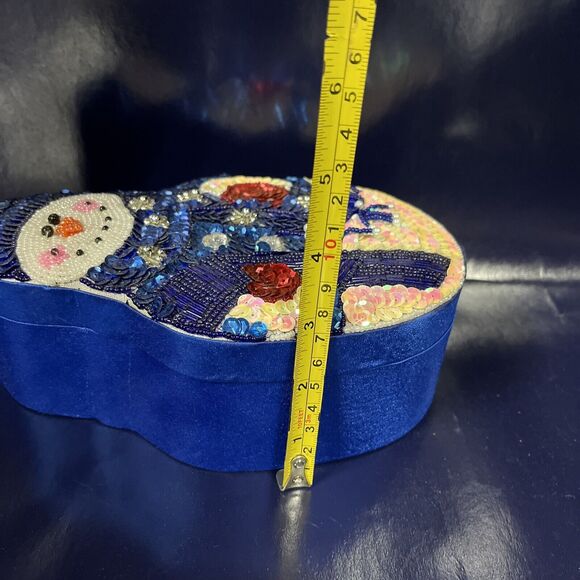Vintage Satin‎ Beaded CHRISTMAS SNOWMAN Blue GIFT Trinket Candy Jewelry Box -D10 - Picture 7 of 7